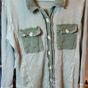 Tribal Olive Button Down Shirt with Pockets
